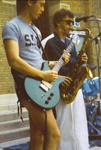 Danny Imig and saxophonist Kevin Cox in the band RIFF RAFF, 1981, on the front stairs of Southern Illinois University at Carbondale's famous Shryock Auditorium. Photo by Dawn Underwood. 